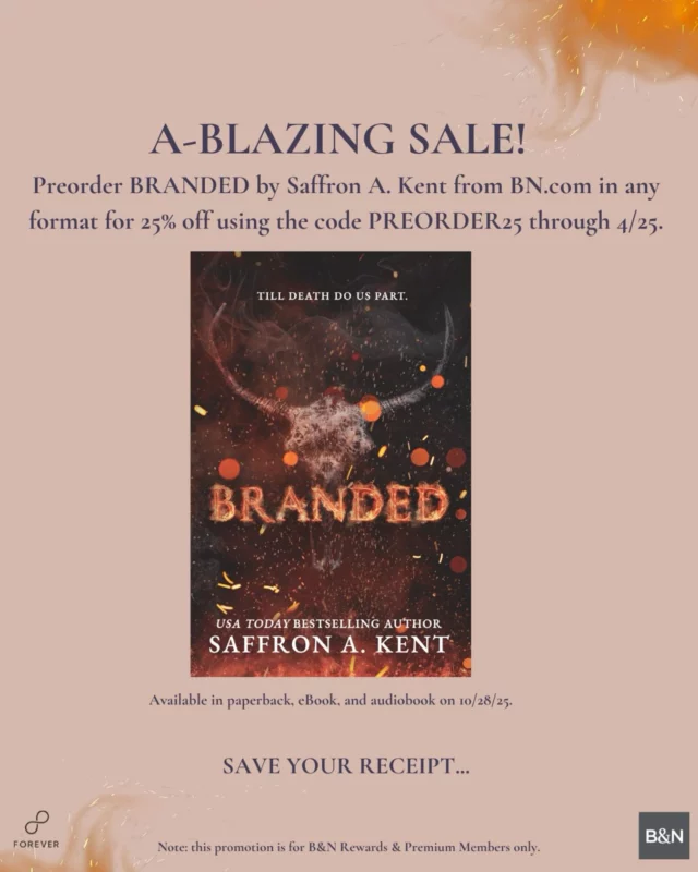 Hiii! Taking a break from the AWYMM content to share B&N is running a preorder sale for BRANDED! This is BRANDED’s very first sale (OMFG!) and you can preorder the paperback at 25% OFF. Use code PREORDER25 at checkout! (link in my bio!) 

Please note, BRANDED is being published through a publisher and they may be doing some fun preorder incentive things down the road so SAVE THE RECEIPT! (All announcements will come soon!) Thank you for all the love and support on my new trad journey so far! <3 
__ 
BRANDED: A Dark Cowboy Romance 
Coming Oct. 28th, 2025
Preorder now (print, audio, ebook): Link in bio

TROPES:
Dark Cowboy Romance
Forced Marriage
‘My Wife’
Ex-con Cowboy Hero
Innocent Curvy Heroine
Pen Pals/Spicy Letters
Age Gap
Gritty Yellowstone vibes

BLURB:
Pen Pal meets Yellowstone in this dark, western romance featuring a college student using a false identity to exchange spicy letters with a prison inmate, only to be hunted down when the convicted cowboy is released.

It all began with letters.

Every word he wrote etched itself into my mind, into my soul.

I had no choice but to fall in love with him. 

Was it really so bad that the letters were part of a pen pal program, sent from a penitentiary? Or that they weren’t really addressed to me?

It’s not as if he’d ever find out the truth.

It’s not as if I’d ever get to look those eyes that are as blue as the sky over his ranch he left behind. Or that I’d ever get to feel his work-roughened hands dominating my body as he does my fevered dreams.

Until one afternoon when I find myself standing in front of him—pretending to be someone I am not. But the joke’s on me because for all my pretenses, his deception is much crueler. The hardened, dangerous, impossibly beautiful man is nothing like the man in the letters. 

And it’s too late for me to run.

#saffronakent
